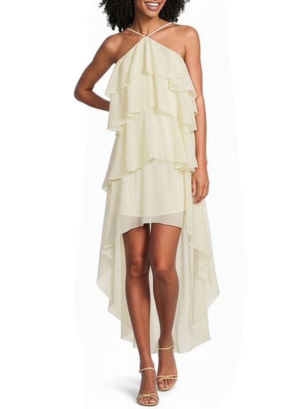 Lucy Paris Tiered High-Low Halter Dress in Yellow, XL
